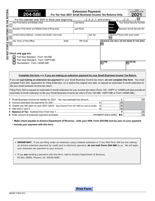 Arizona Form 204-SBI (ADOR11402) Extension Payment - Small Business Income Tax Returns Only - Arizona, 2021