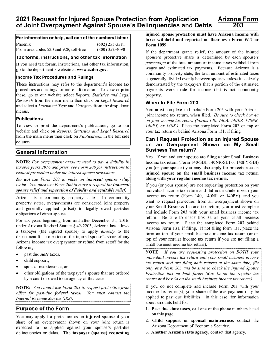 Instructions for Arizona Form 203, ADOR11310 Request for Injured Spouse Protection From Application of Joint Overpayment Against Spouses Delinquencies or Debts - Arizona, Page 1