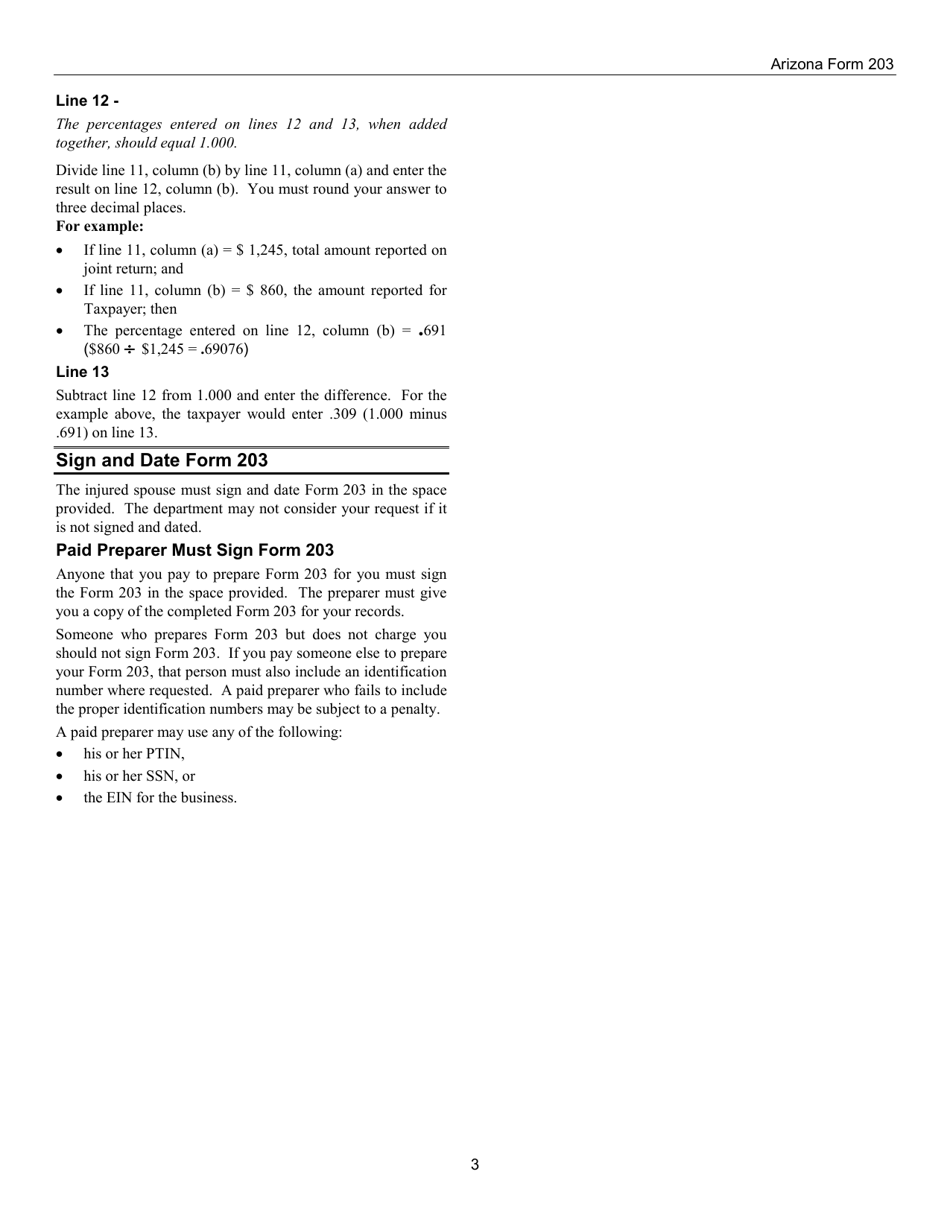 Instructions for Arizona Form 203, ADOR11310 Request for Injured Spouse Protection From Application of Joint Overpayment Against Spouses Delinquencies or Debts - Arizona, Page 3
