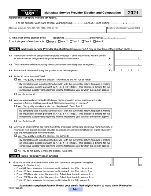 Form ADOR11220 Schedule MSP 2021 Printable Pdf