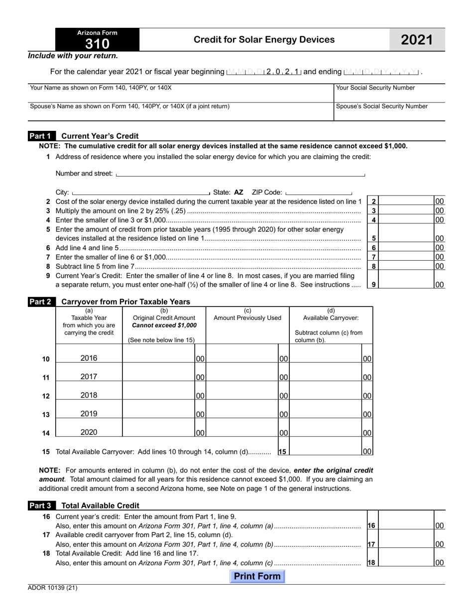 Arizona Form 310 (ADOR10139) Credit for Solar Energy Devices - Arizona, Page 1