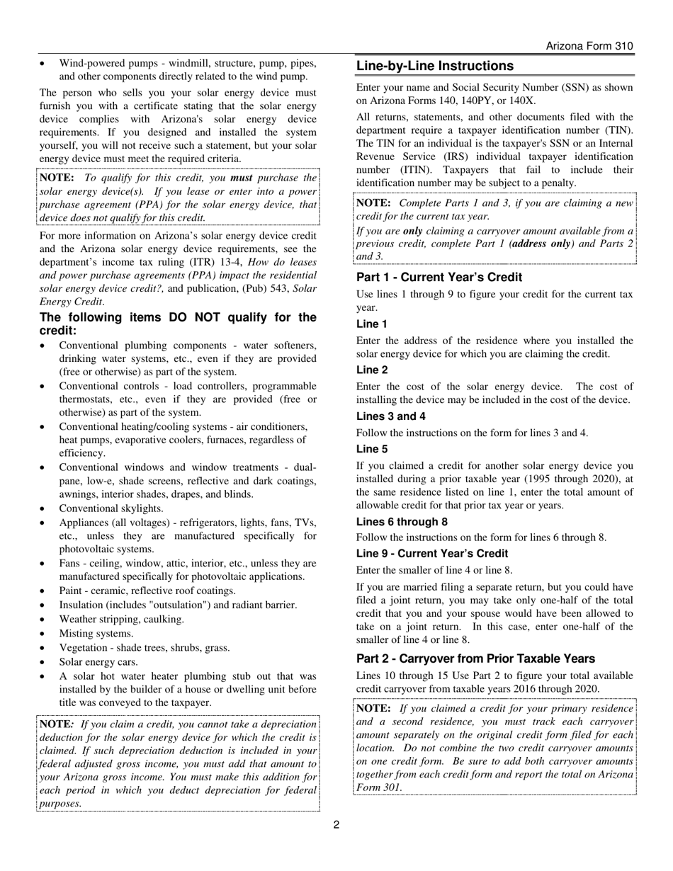 Instructions for Arizona Form 310, ADOR10139 Credit for Solar Energy Devices - Arizona, Page 2