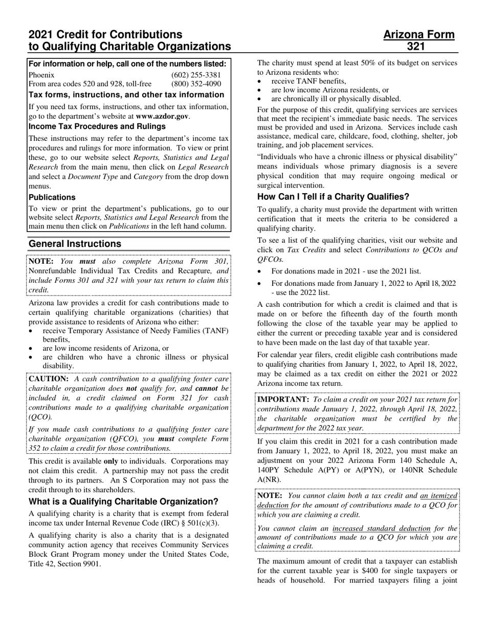 Instructions for Arizona Form 321, ADOR10643 Credit for Contributions to Qualifying Charitable Organizations - Arizona, Page 1