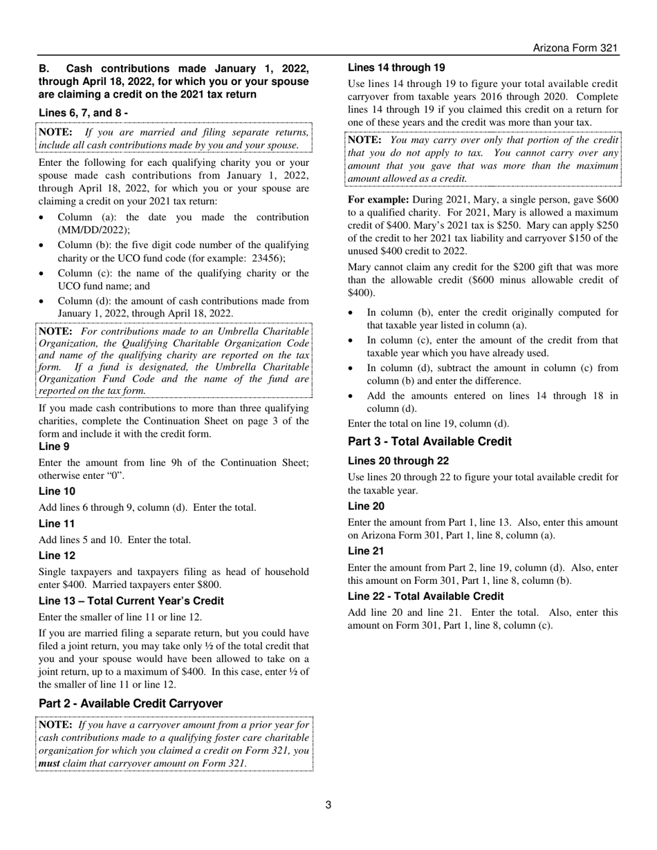 Instructions for Arizona Form 321, ADOR10643 Credit for Contributions to Qualifying Charitable Organizations - Arizona, Page 3