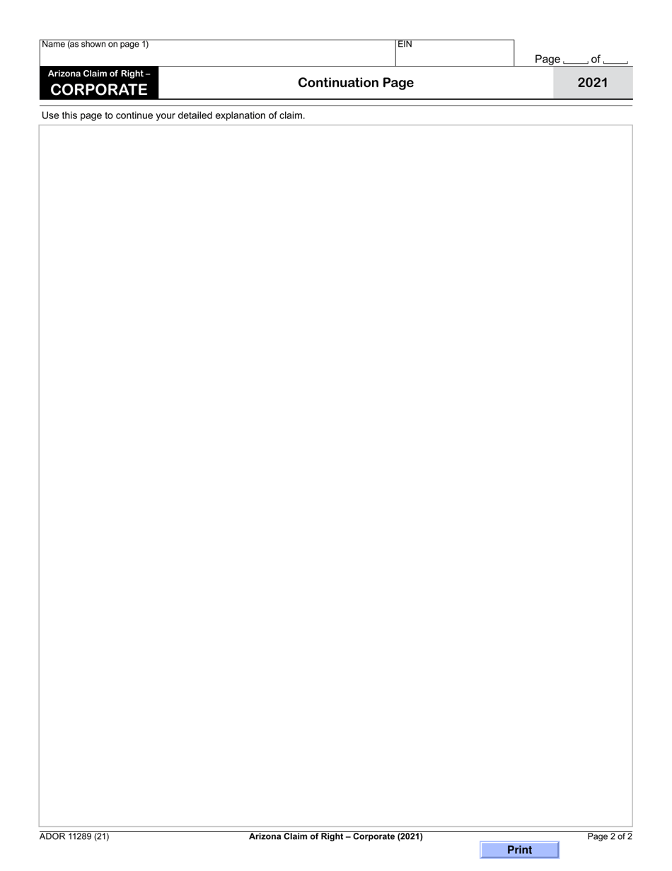 Form ADOR11289 Restoration of a Substantial Amount Held Under Claim of Right - Corporate - Arizona, Page 2