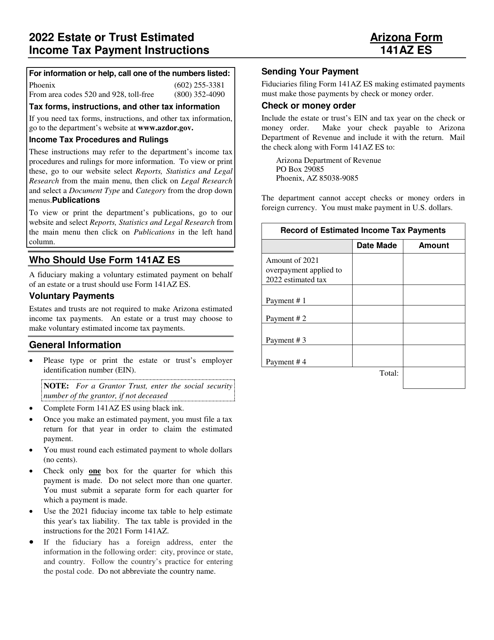 Instructions for Arizona Form 141AZ ES, ADOR11135 Estate or Trust Estimated Income Tax Payment - Arizona, 2022