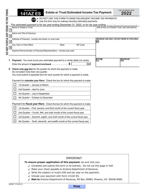 Arizona Form 141AZ ES (ADOR11135) 2022 Printable Pdf