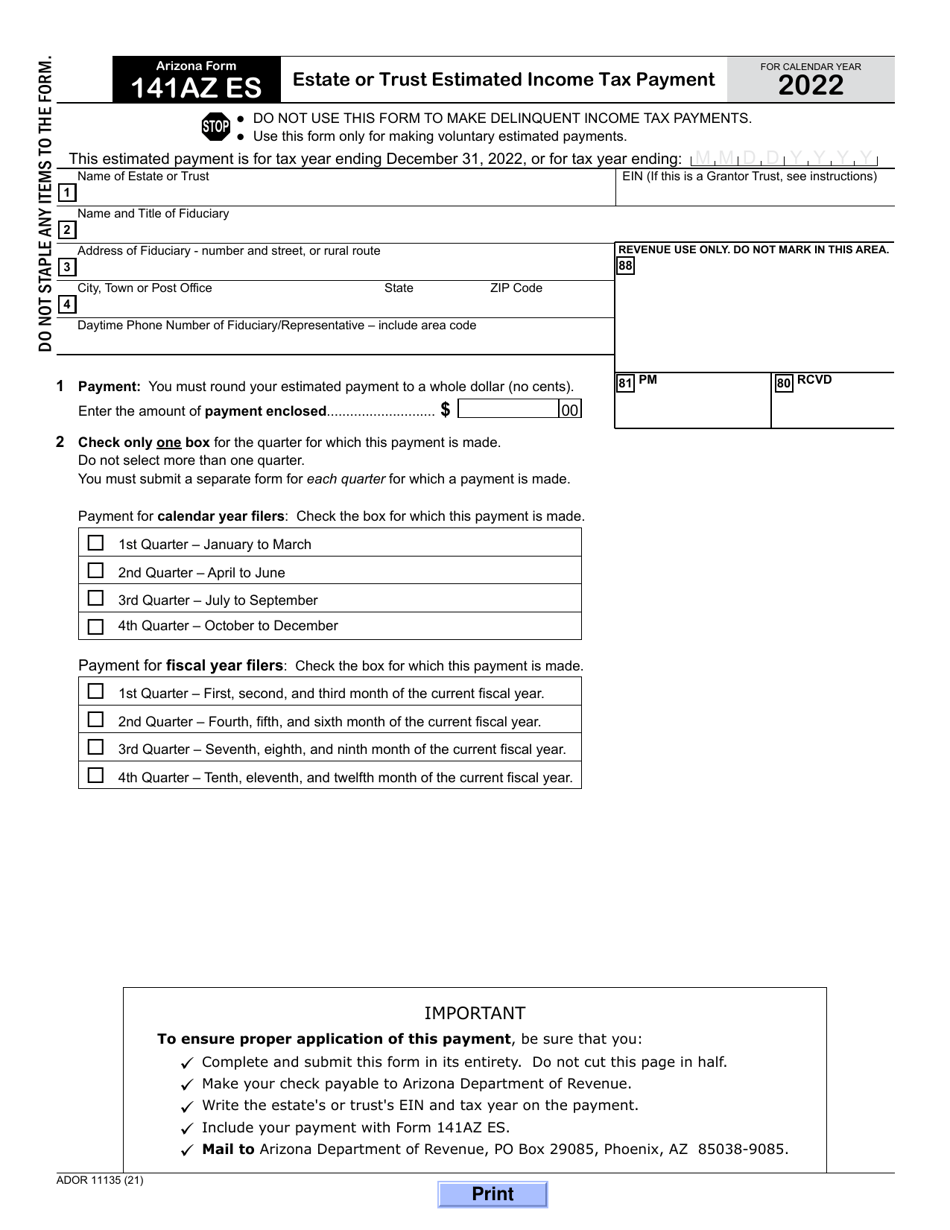 Arizona Form 141AZ ES (ADOR11135) Estate or Trust Estimated Income Tax Payment - Arizona, Page 1