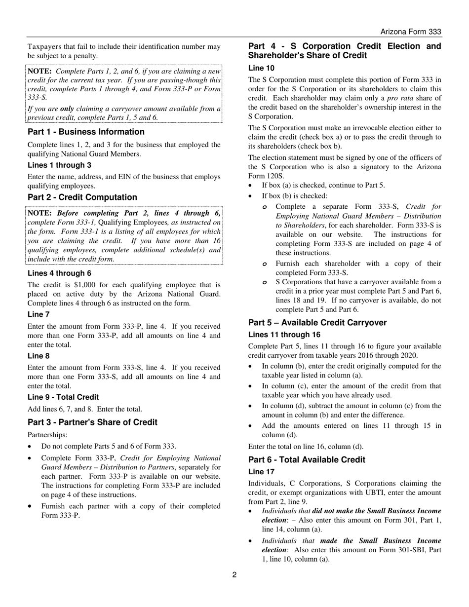 Instructions for Arizona Form 333, ADOR10714, Arizona Form 333-P, ADOR11343, Arizona Form 333-S, ADOR11344 - Arizona, Page 2