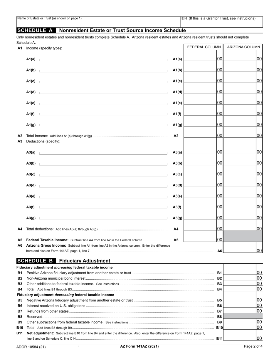 Arizona Form 141 AZ (ADOR10584) Arizona Fiduciary Income Tax Return - Arizona, Page 2