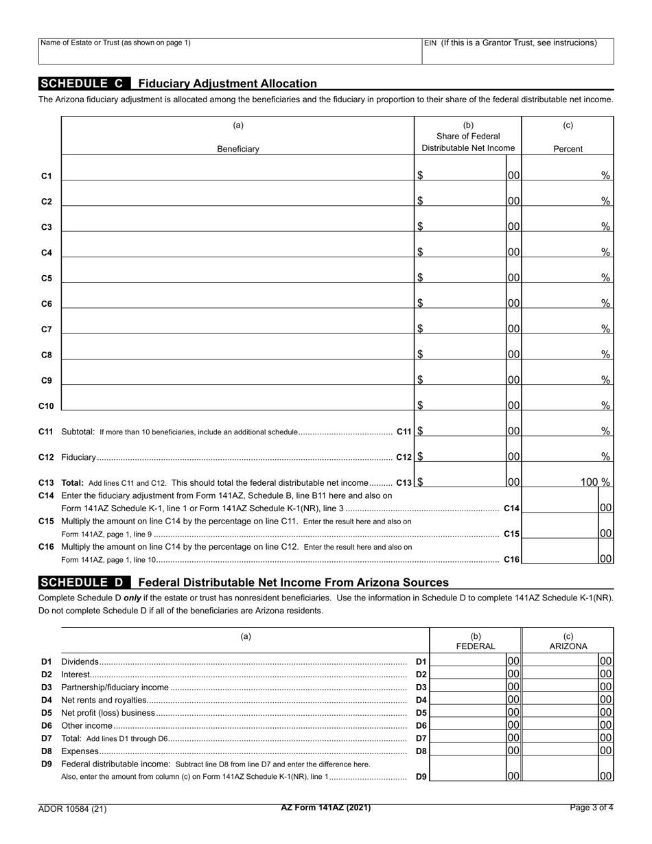Arizona Form 141 AZ (ADOR10584) Arizona Fiduciary Income Tax Return - Arizona, Page 3