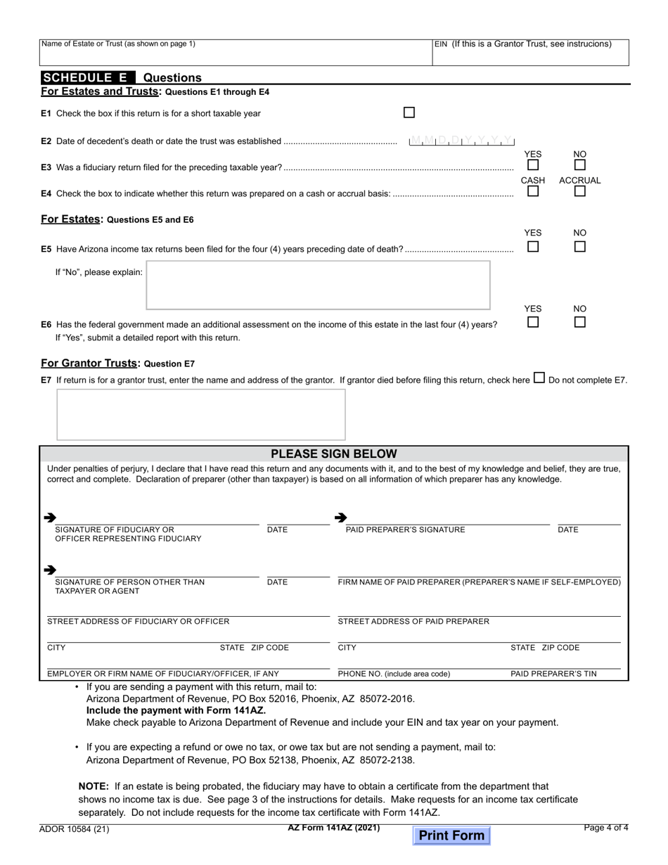 Arizona Form 141 Az Ador10584 2021 Fill Out Sign Online And Download Fillable Pdf 4714