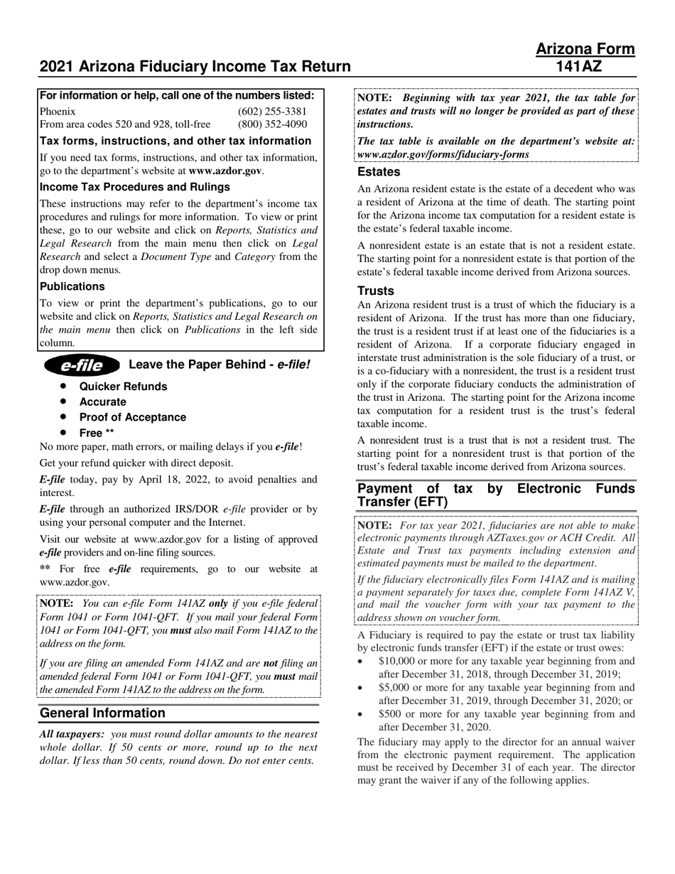Download Instructions for Arizona Form 141 AZ, ADOR10584 Arizona