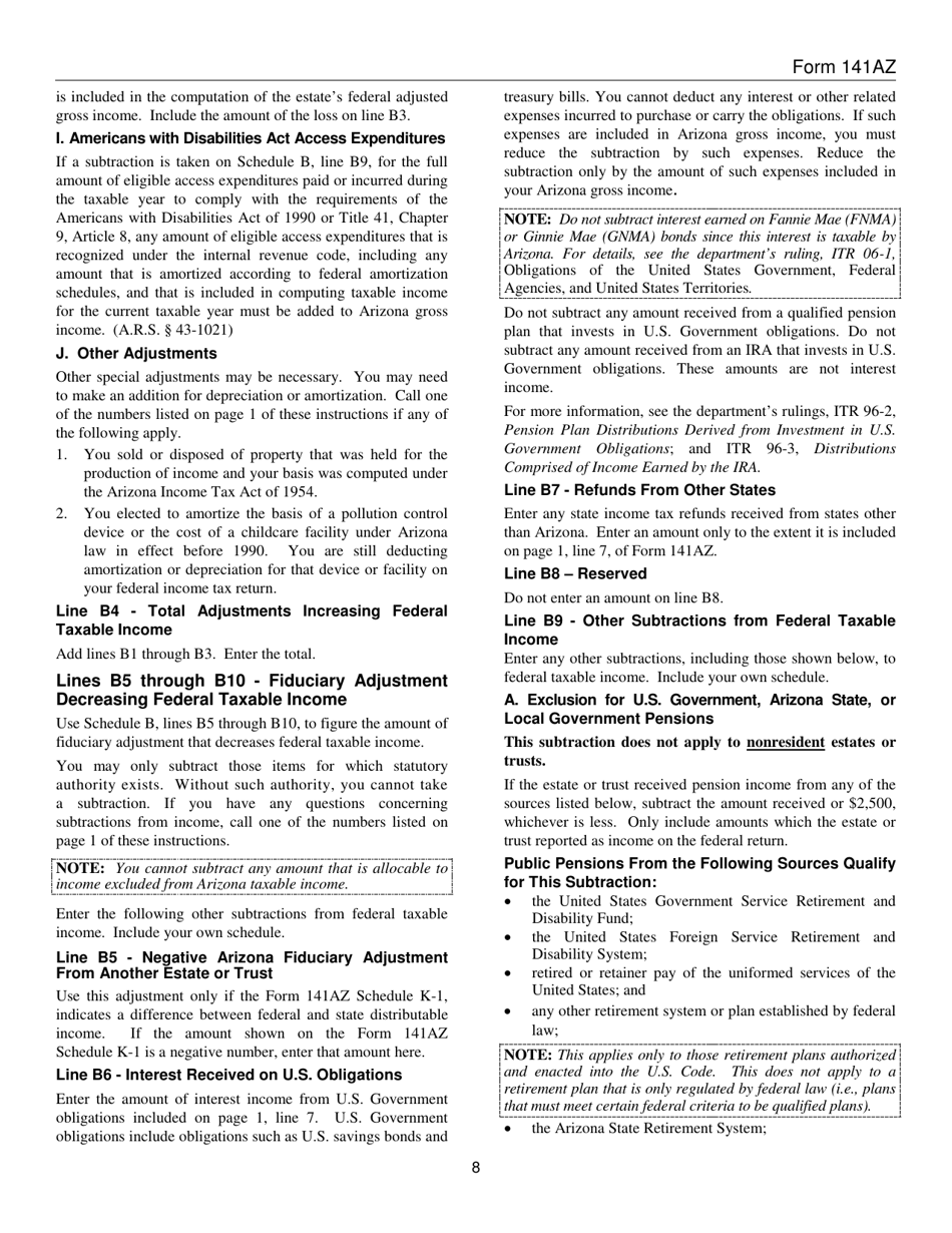Download Instructions for Arizona Form 141 AZ, ADOR10584 Arizona