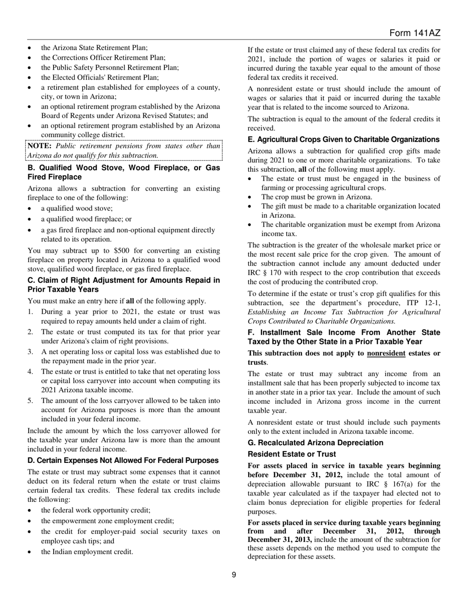 Download Instructions for Arizona Form 141 AZ, ADOR10584 Arizona