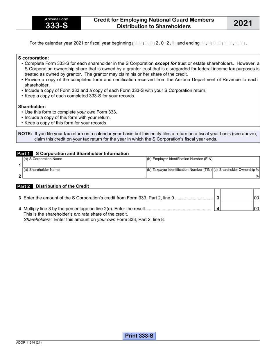 Arizona Form 333-S (ADOR11344) Credit for Employing National Guard Members Distribution to Shareholders - Arizona, Page 1