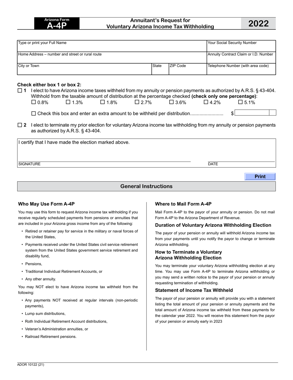 Arizona Form A4P (ADOR10122) Download Fillable PDF or Fill Online