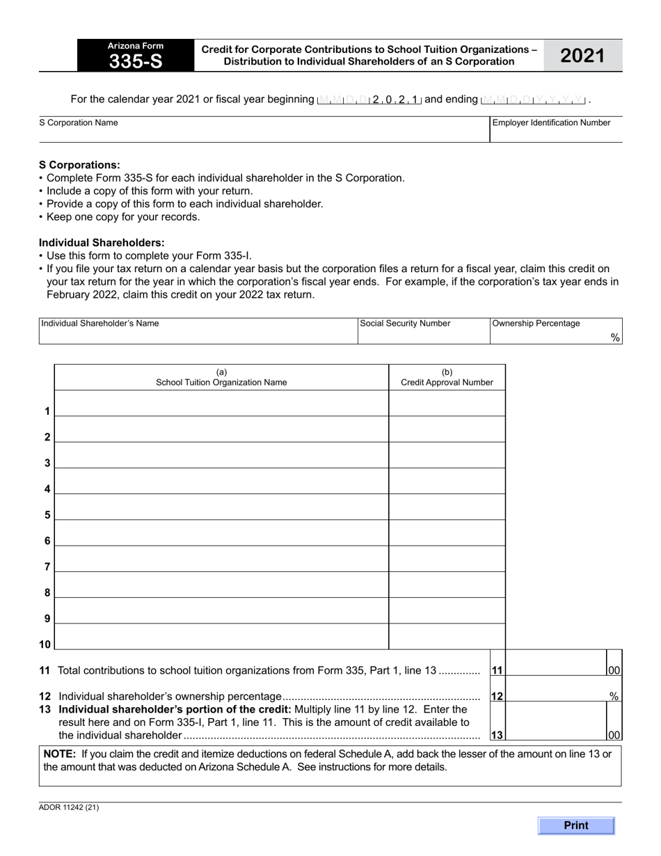 Arizona Form 335-S (ADOR11242) Credit for Corporate Contributions to School Tuition Organizations - Distribution to Individual Shareholders of an S Corporation - Arizona, Page 1