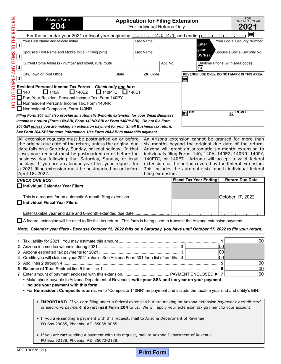 Arizona Form 204 (ADOR10576) Application for Filing Extension for Individual Returns Only - Arizona, Page 1