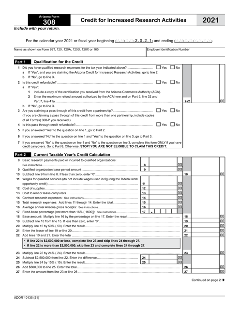 Arizona Form 308 (ADOR10135) 2021 Printable Pdf