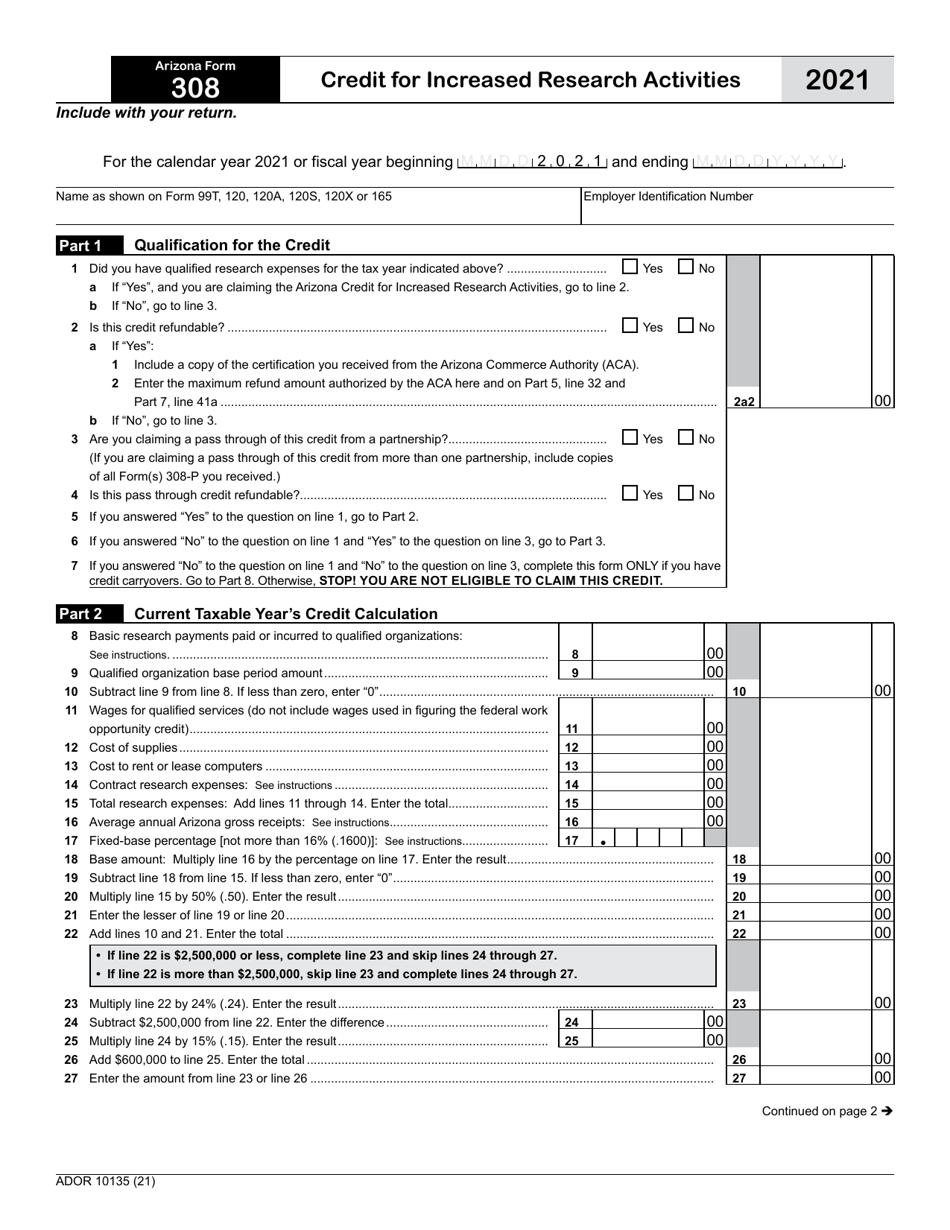 Arizona Form 308 (ADOR10135) Download Fillable PDF or Fill Online ...