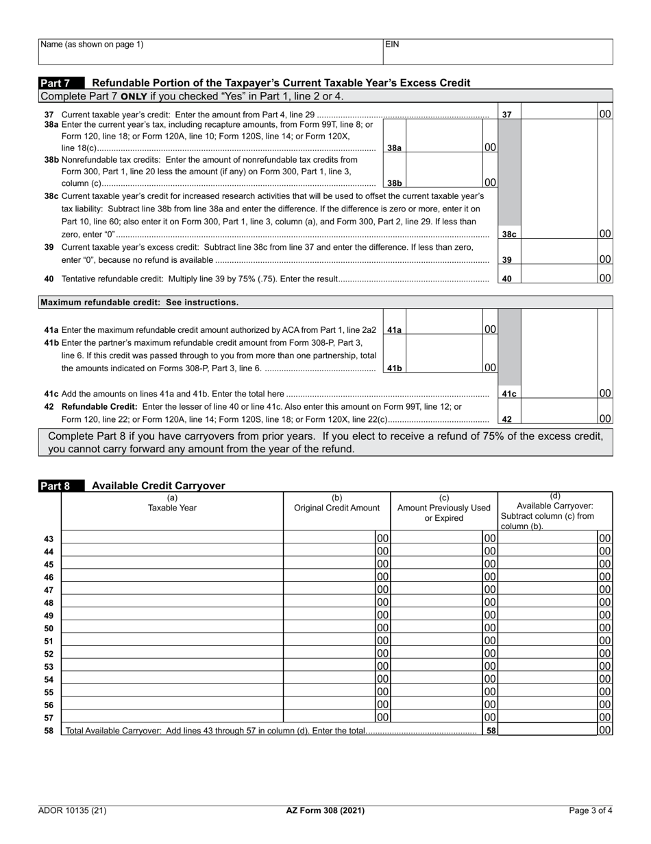 Arizona Form 308 (ADOR10135) Credit for Increased Research Activities - Arizona, Page 3