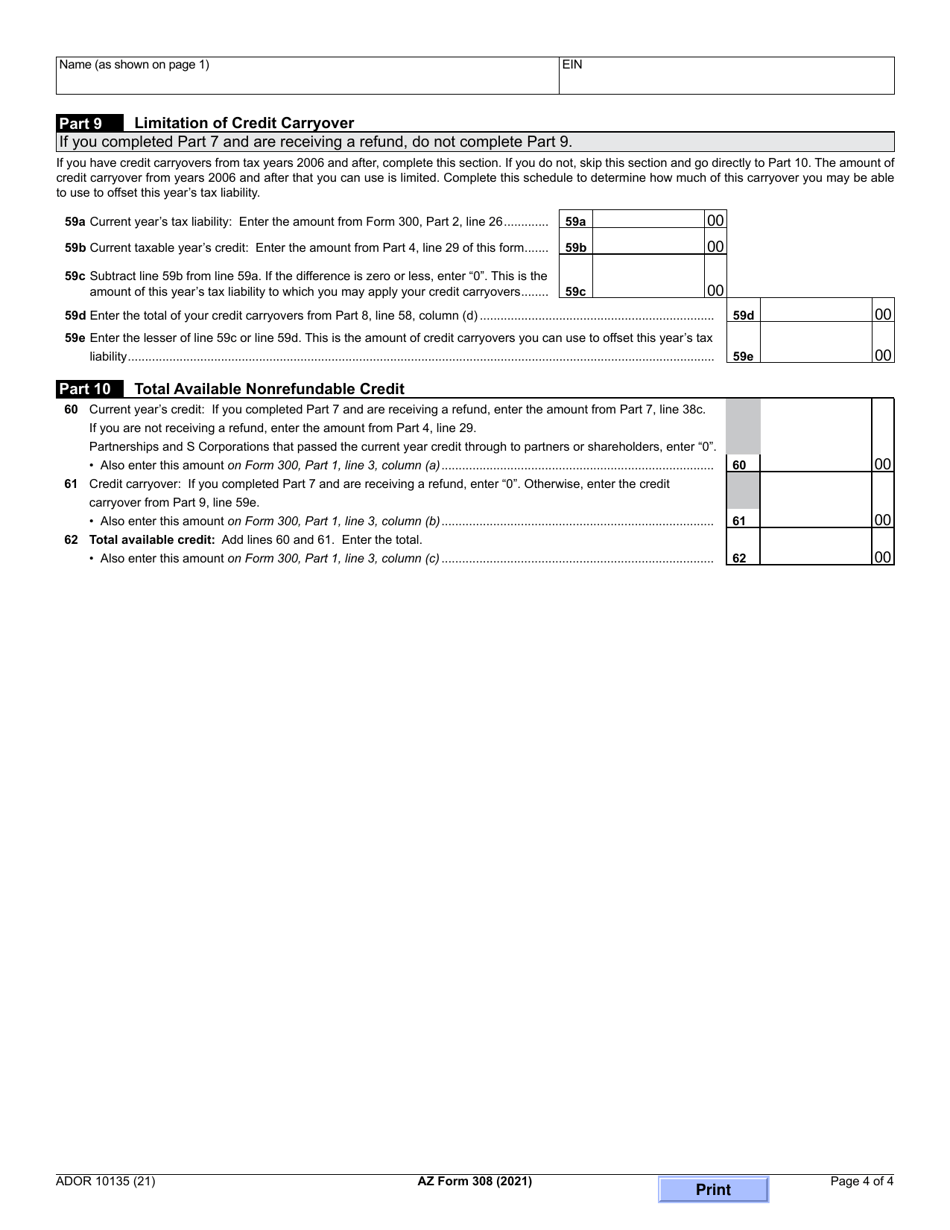 Arizona Form 308 (ADOR10135) Credit for Increased Research Activities - Arizona, Page 4