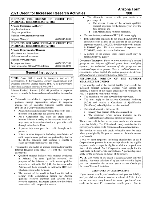 Arizona Form 308, ADOR10135, Arizona Form 308-P, ADOR11271, Arizona Form 308-S, ADOR11272 2021 Printable Pdf