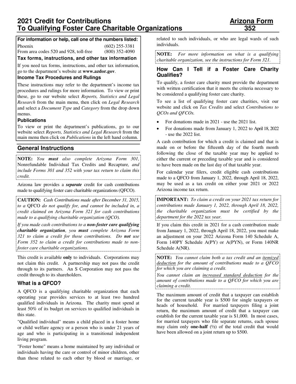 Download Instructions for Arizona Form 352, ADOR11294 Credit for