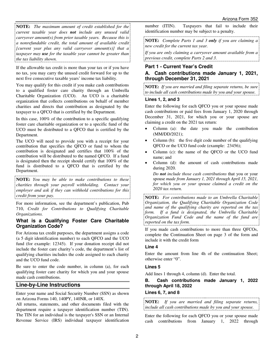 Instructions for Arizona Form 352, ADOR11294 Credit for Contributions to Qualifying Foster Care Charitable Organizations - Arizona, Page 2