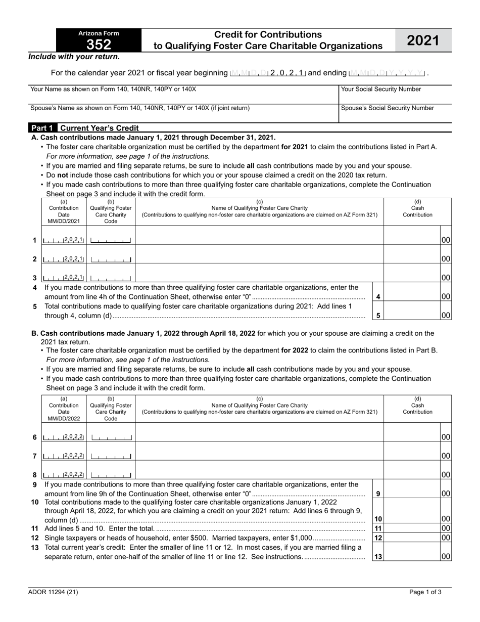 Arizona Form 352 (ADOR11294) Credit for Contributions to Qualifying Foster Care Charitable Organizations - Arizona, Page 1