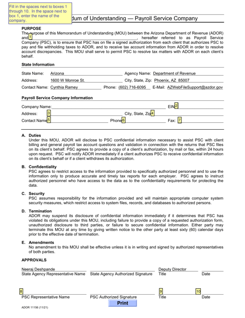 Form MOU-PS (ADOR11156) Memorandum of Understanding - Payroll Service Company - Arizona