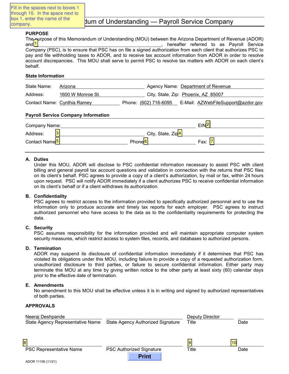 Form MOU-PS (ADOR11156) Memorandum of Understanding - Payroll Service Company - Arizona, Page 1