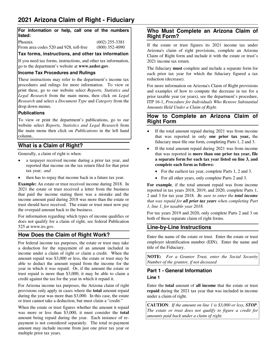 Download Instructions for Form ADOR11282 Claim of Right Fiduciary PDF
