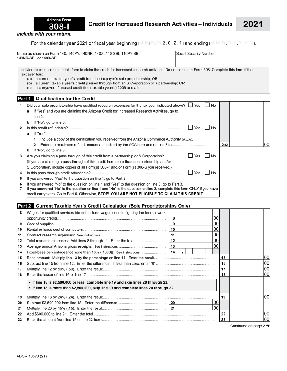 Arizona Form 308-I (ADOR10570) Credit for Increased Research Activities - Individuals - Arizona, Page 1