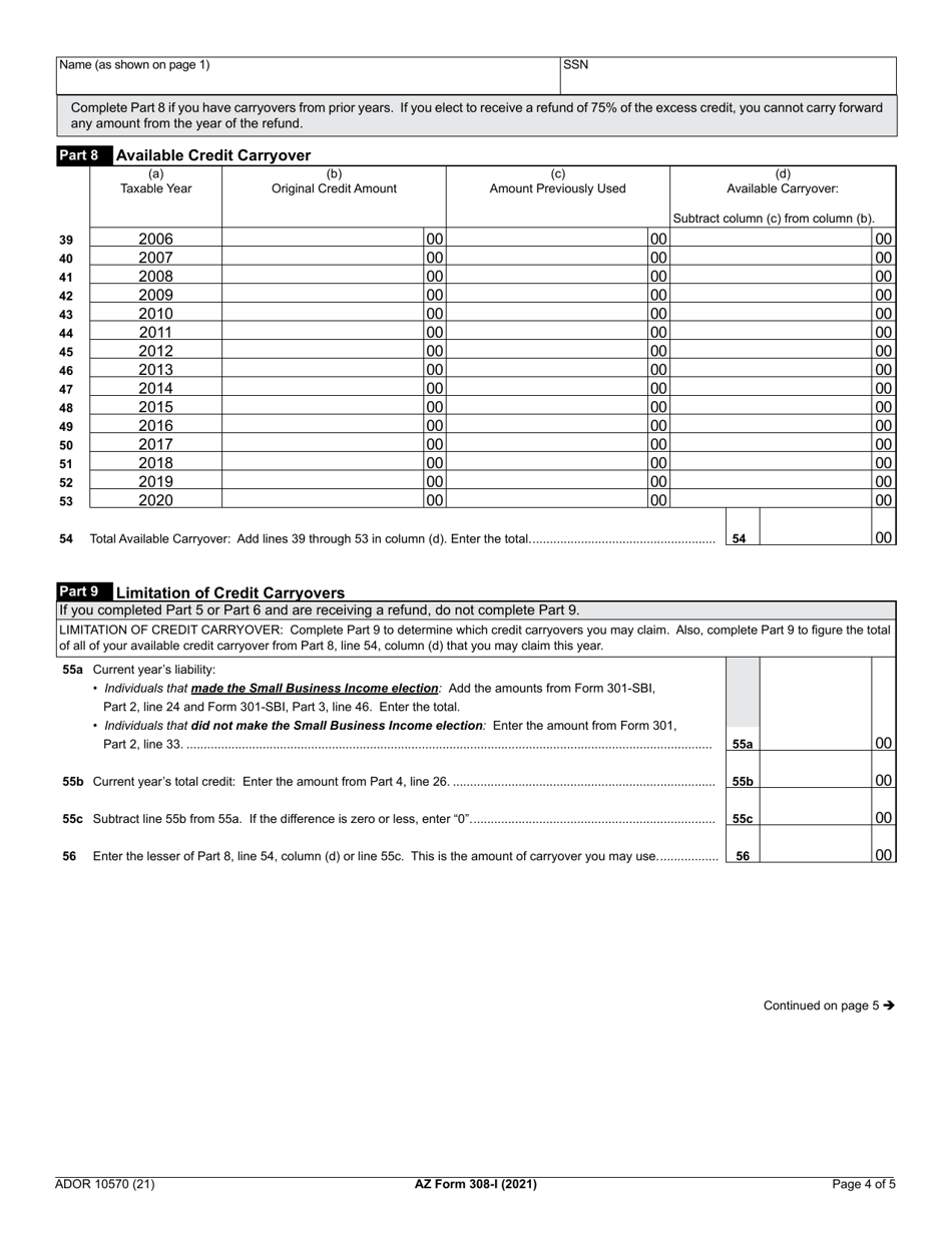 Arizona Form 308-I (ADOR10570) Credit for Increased Research Activities - Individuals - Arizona, Page 4