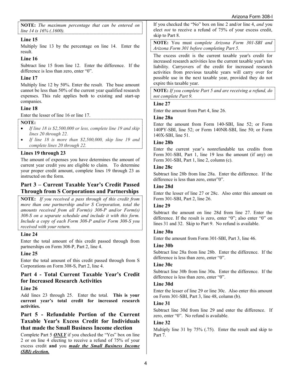 Instructions for Arizona Form 308-I, ADOR10570 Credit for Increased Research Activities - Individuals - Arizona, Page 4