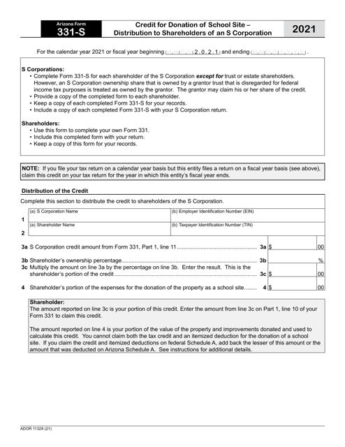 Arizona Form 331-S (ADOR11329) 2021 Printable Pdf