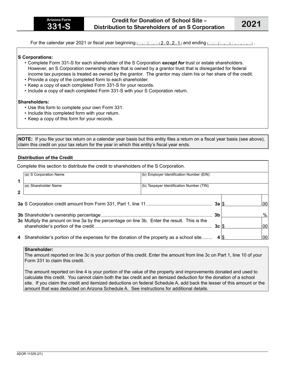 Arizona Form 331-S (ADOR11329) Credit for Donation of School Site - Distribution to Shareholders of an S Corporation - Arizona, Page 1