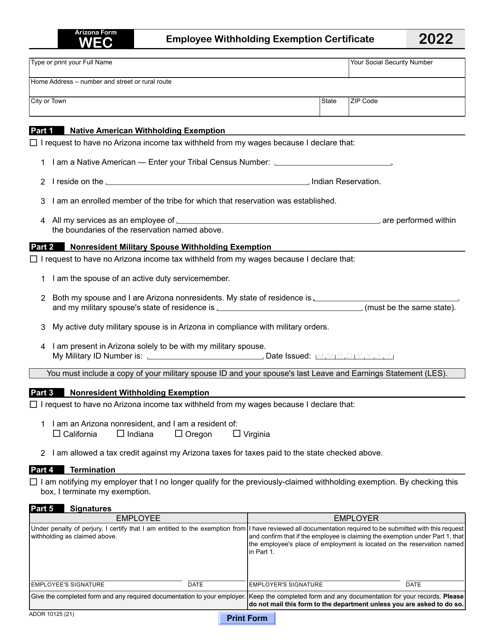 Arizona Form WEC (ADOR10125) 2022 Printable Pdf