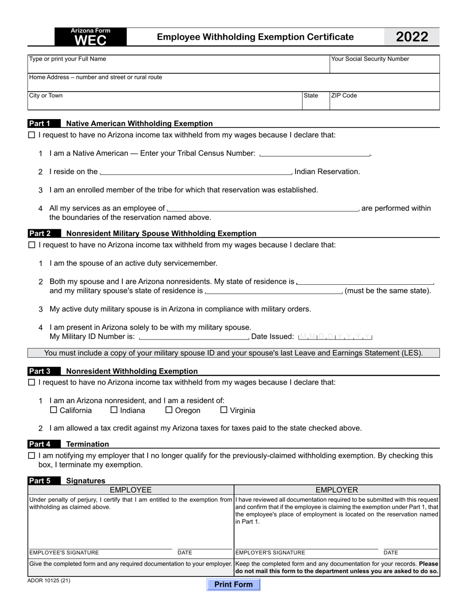 Arizona Form WEC (ADOR10125) - 2022 - Fill Out, Sign Online and ...