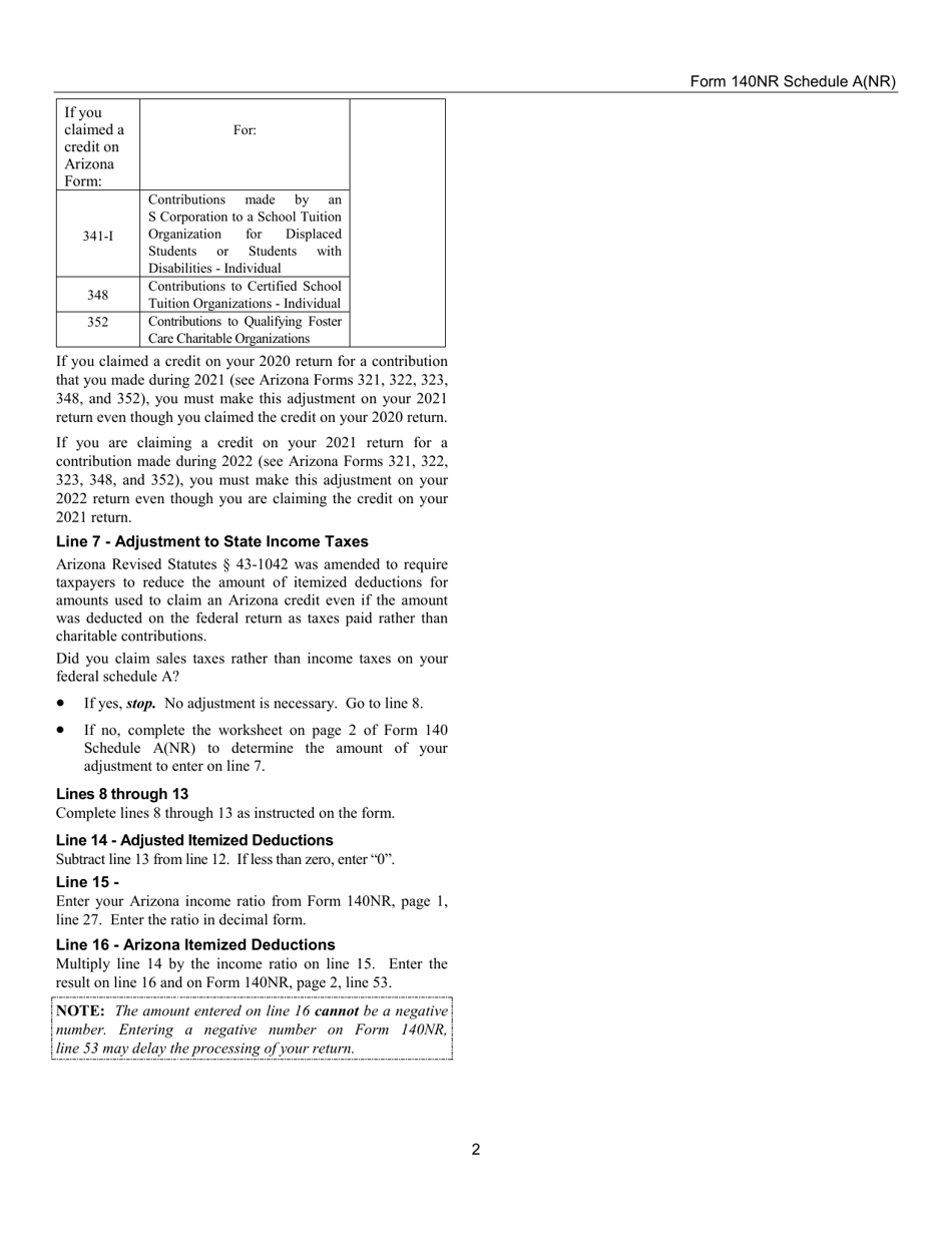 Instructions for Arizona Form 140NR, ADOR10562 Schedule A(NR) Itemized Deductions for Nonresidents - Arizona, Page 2