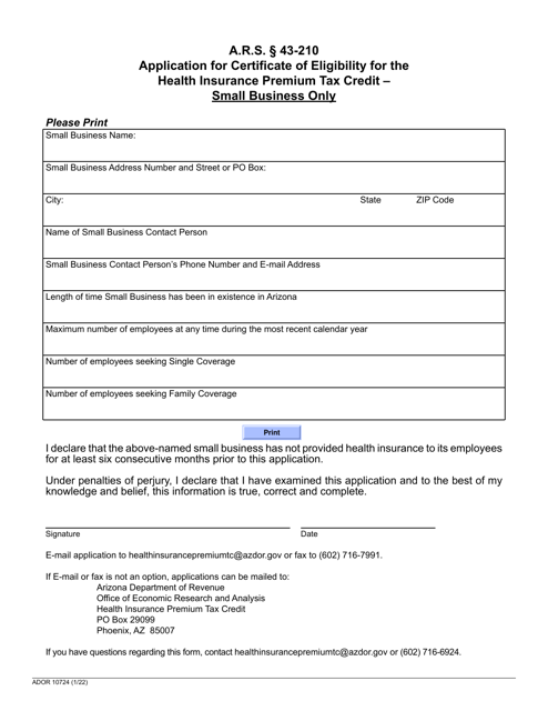 Form ADOR10724 Application for Certificate of Eligibility for the Health Insurance Premium Tax Credit - Small Business Only - Arizona