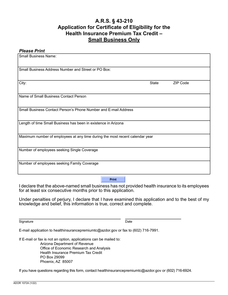 Form ADOR10724 Application for Certificate of Eligibility for the Health Insurance Premium Tax Credit - Small Business Only - Arizona, Page 1