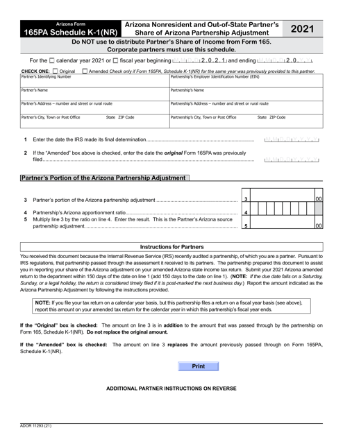 Arizona Form 165PA (ADOR11293) Schedule K-1(NR) 2021 Printable Pdf