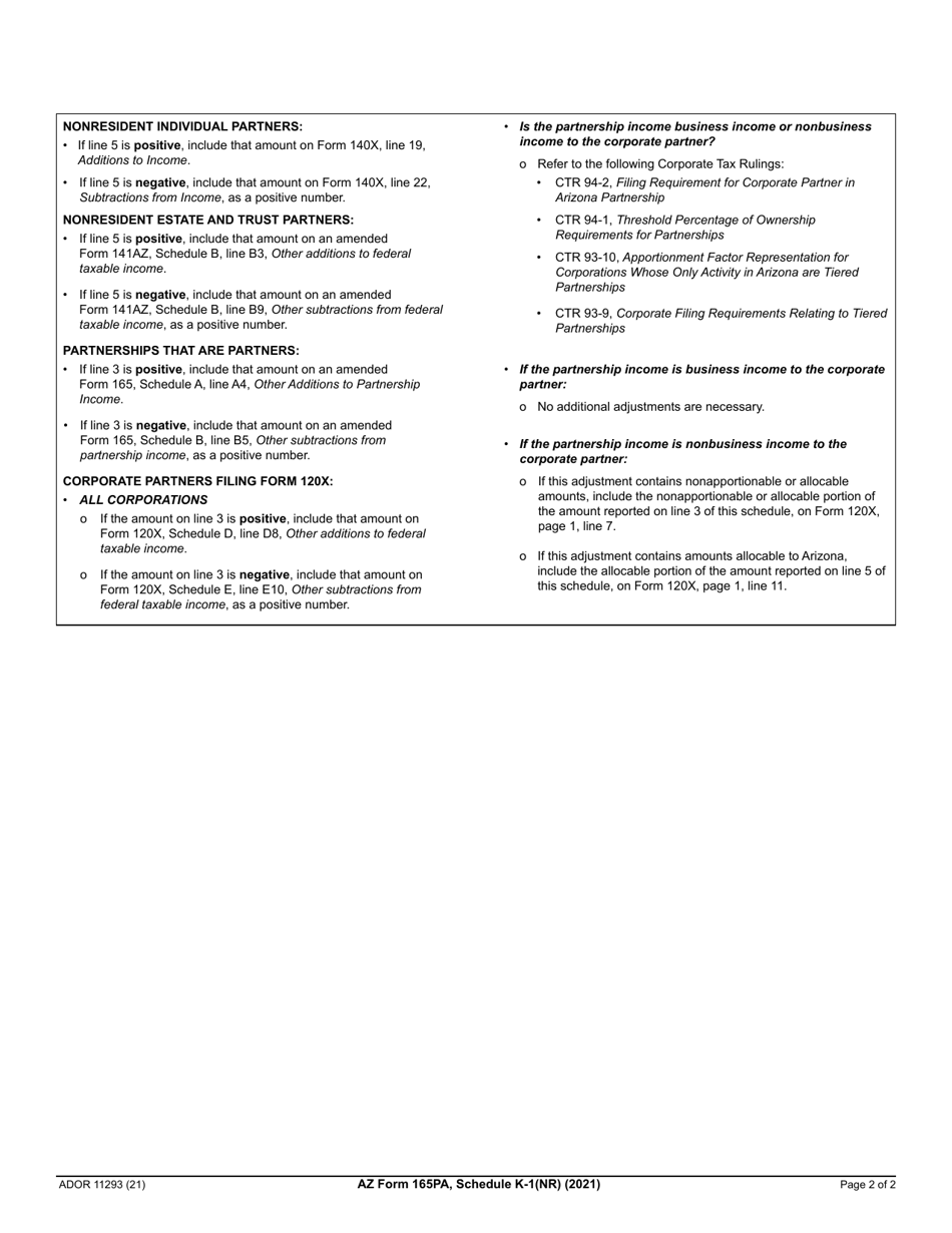 Arizona Form 165PA (ADOR11293) Schedule K-1(NR) Arizona Nonresident and Out-of-State Partners Share of Arizona Partnership Adjustment - Arizona, Page 2