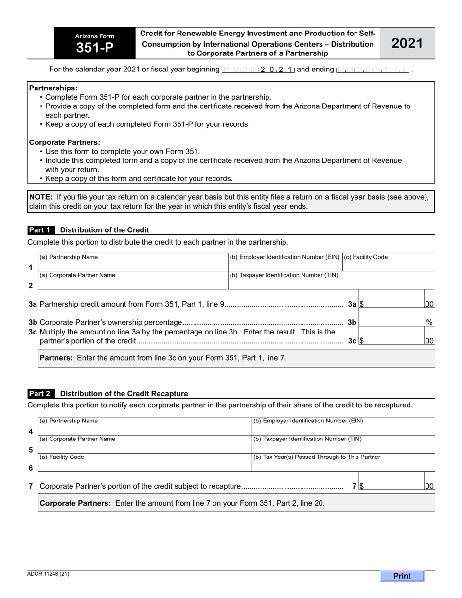 Arizona Form 351-P (ADOR11248) Credit for Renewable Energy Investment and Production for Self-consumption by International Operations Centers - Distribution to Corporate Partners of a Partnership - Arizona, Page 1