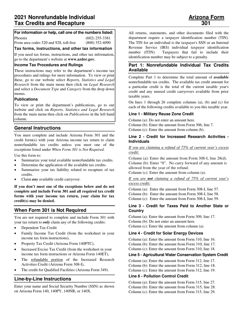 Instructions for Arizona Form 301, ADOR10127 Nonrefundable Individual Tax Credits and Recapture - Arizona, Page 1