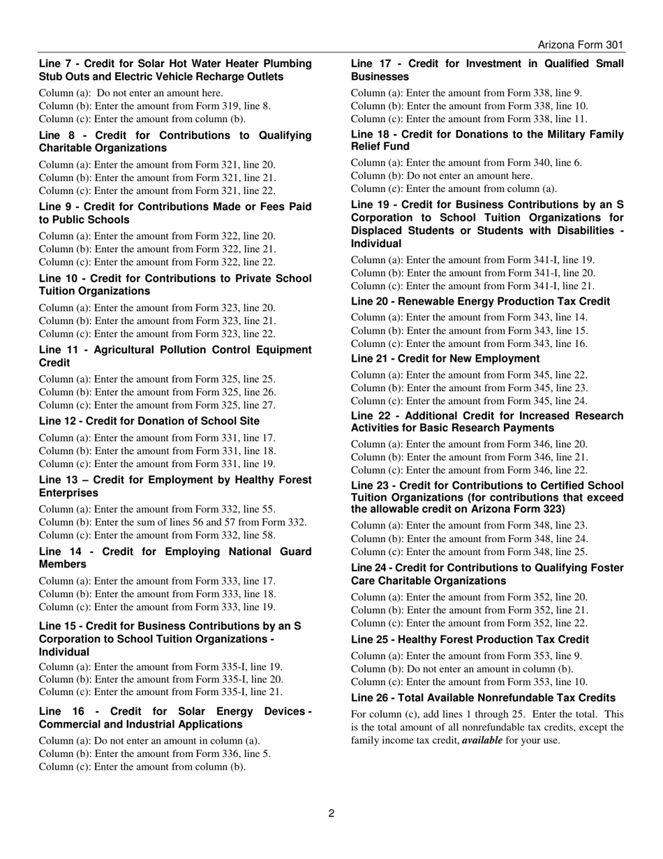 Instructions for Arizona Form 301, ADOR10127 Nonrefundable Individual Tax Credits and Recapture - Arizona, Page 2