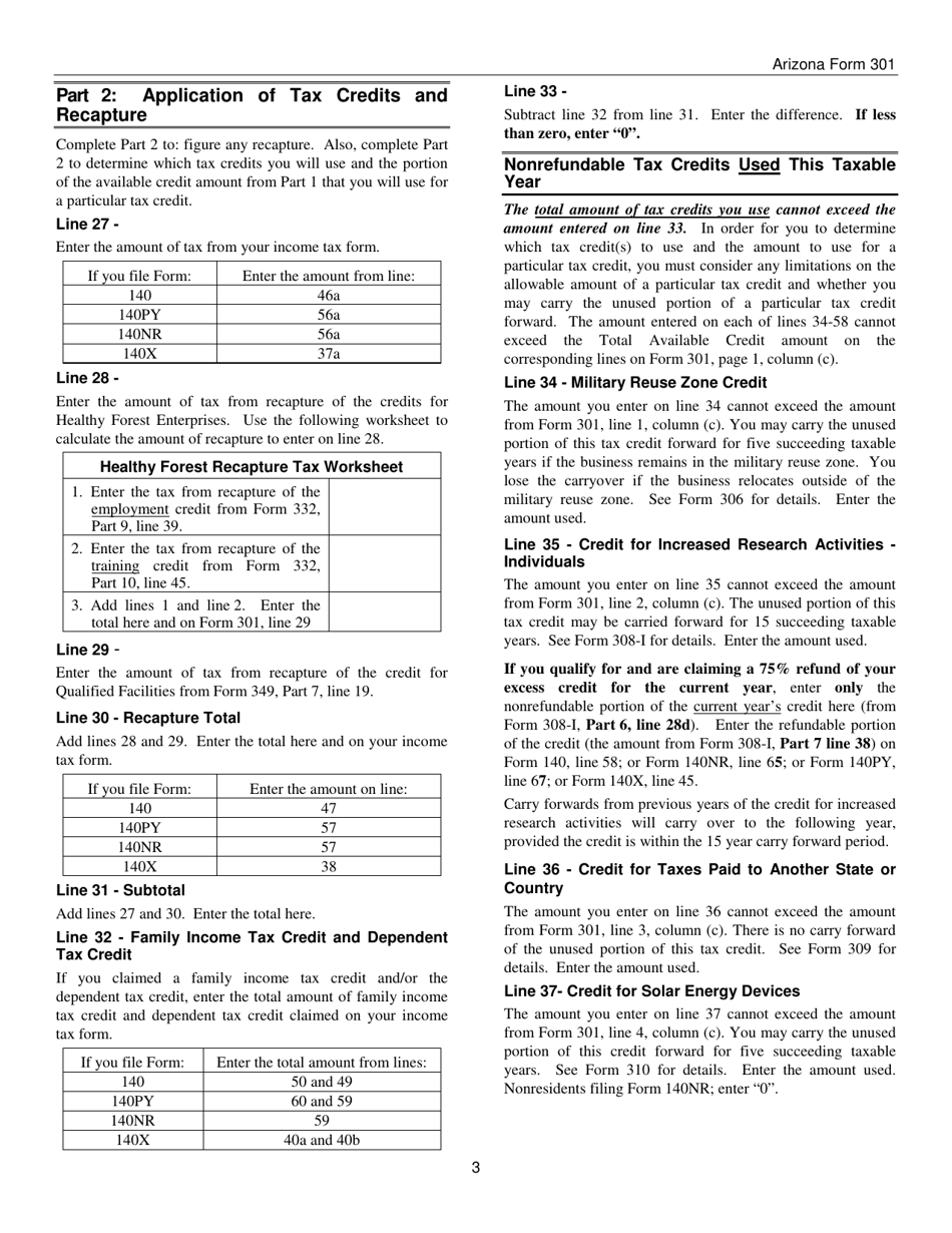 Instructions for Arizona Form 301, ADOR10127 Nonrefundable Individual Tax Credits and Recapture - Arizona, Page 3